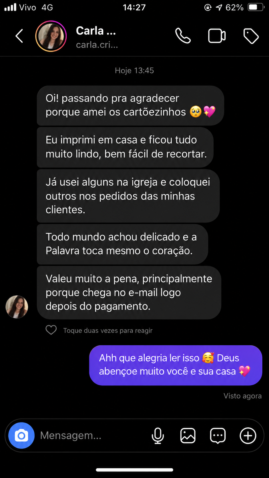 Depoimento de Carla sobre os Cartõezinhos de Fé