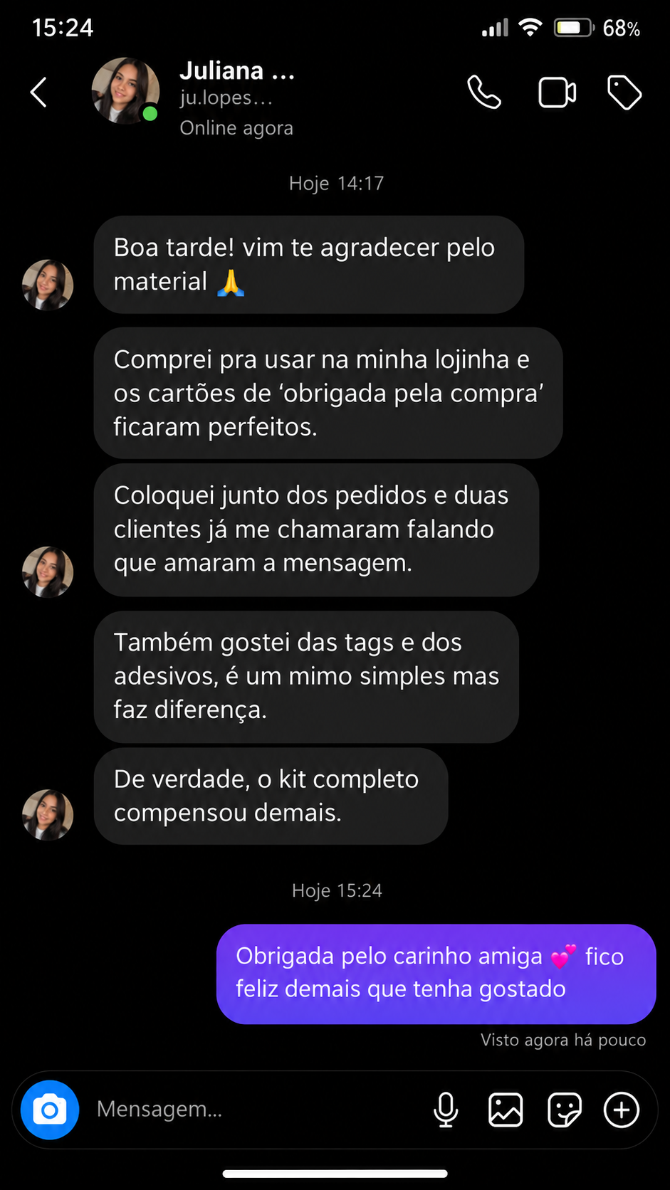 Depoimento de Juliana sobre os Cartõezinhos de Fé