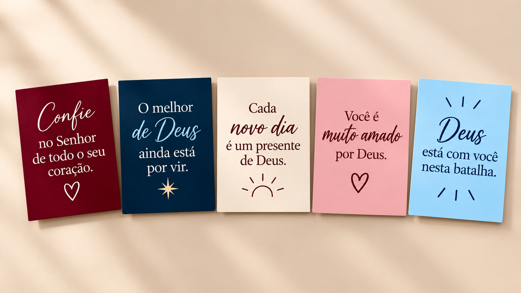 Cinco Cartõezinhos de Fé coloridos com mensagens cristãs