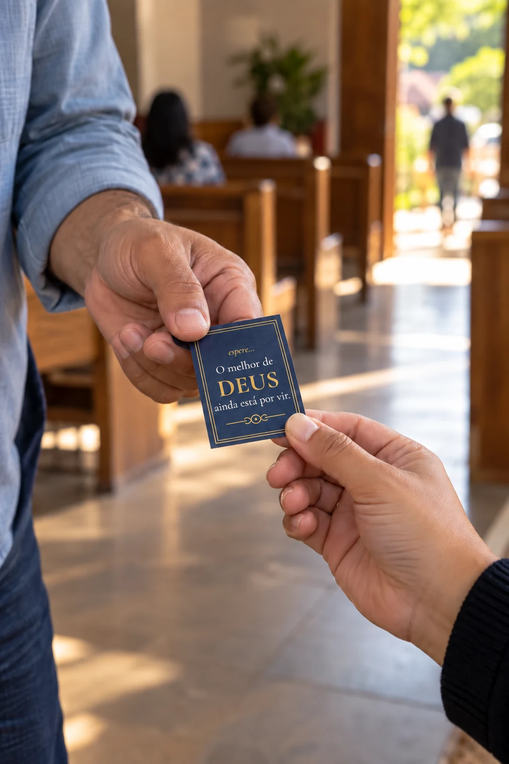 Pessoa entregando um pequeno cartão com uma mensagem de esperança na igreja